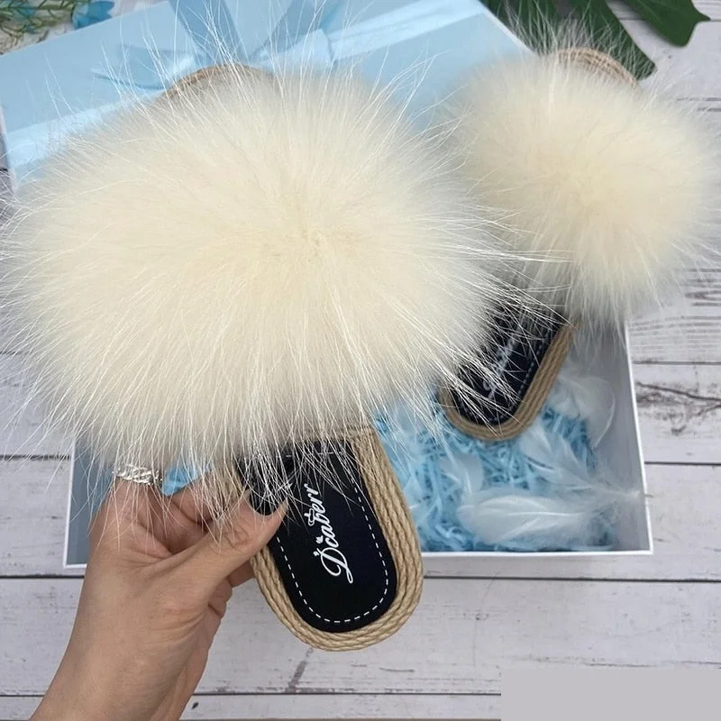 Special Offer For You synthetic Straw Natural Raccoon Fur Fluffy Flip Flop Indoor Slippers for Women Special Offer For You synthetic Straw Natural Raccoon Fur Fluffy Flip Flop Indoor Slippers for Women