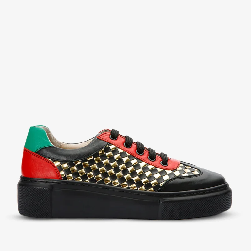 Contemporary Casual Footwear The Messina Black & Gold Woven Leather Women Sneaker Final Sale!