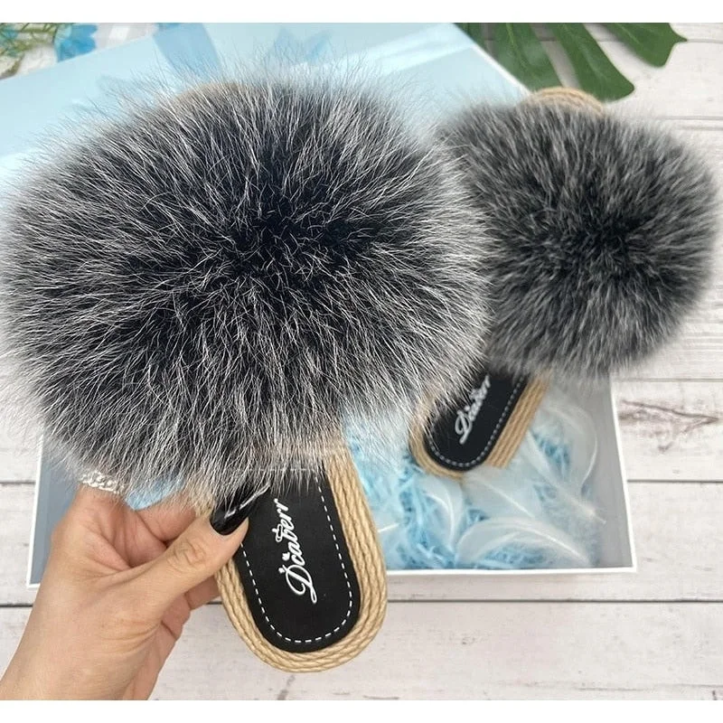 Evening Elegance Women's Black Frost Synthetic Straw Natural Fox Real Fur Flip Flop Sandals Evening Elegance Women's Black Frost Synthetic Straw Natural Fox Real Fur Flip Flop Sandals