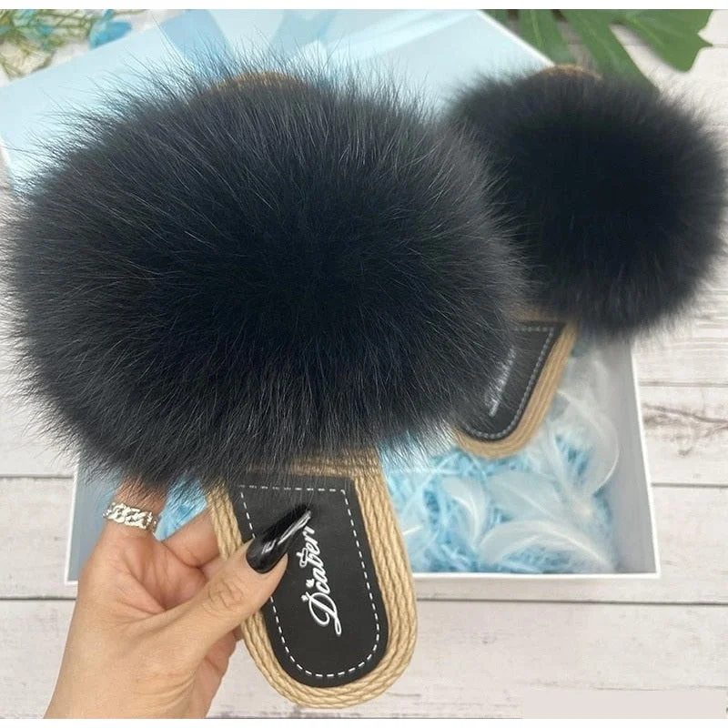 Versatile Shoes Promotion Women's Black Real Fur Synthetic Straw Natural Fox Flip Flops Flat Sandals Versatile Shoes Promotion Women's Black Real Fur Synthetic Straw Natural Fox Flip Flops Flat Sandals