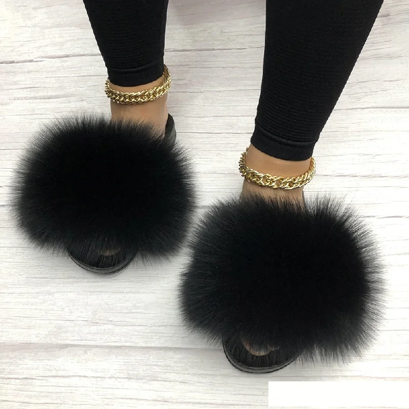 Women's Versatile Shoes Women's Black Summer Sexy Slides Fox Big Fur Fluffy House Slippers Women's Versatile Shoes Women's Black Summer Sexy Slides Fox Big Fur Fluffy House Slippers