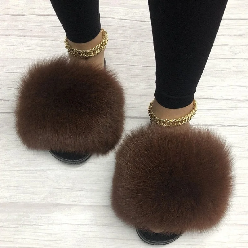 Premium Footwear Sale Women's Caramel Summer Sexy Slides Fox Big Fur Fluffy House Slippers Premium Footwear Sale Women's Caramel Summer Sexy Slides Fox Big Fur Fluffy House Slippers