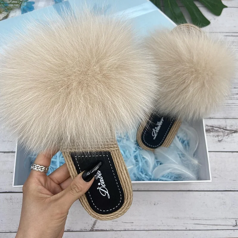 Mega Sale Women's Cream Natural Fox Real Fur Synthetic Straw Flip Flops Flat Slippers Mega Sale Women's Cream Natural Fox Real Fur Synthetic Straw Flip Flops Flat Slippers