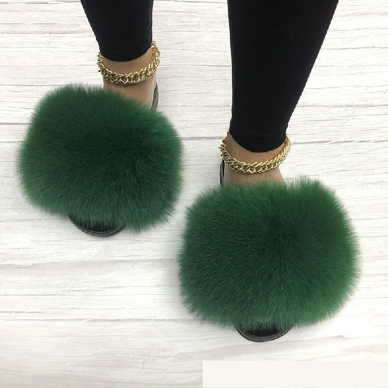 Women's Office Shoes Women's Dark Green Summer Slides Fox Big Fur Fluffy House Slippers Women's Office Shoes Women's Dark Green Summer Slides Fox Big Fur Fluffy House Slippers