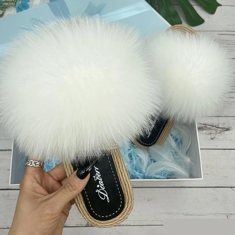 End-Of-Season Clearance Women's Designer Natural Raccoon Fur Flip Flop Straw House Slippers End-Of-Season Clearance Women's Designer Natural Raccoon Fur Flip Flop Straw House Slippers