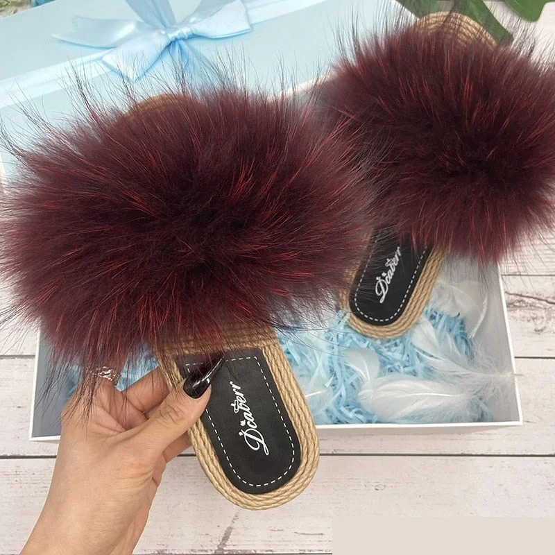New Season Fashion Preview Women's Fashion Natural Raccoon Fur Flat Flip Flop Straw House Slippers New Season Fashion Preview Women's Fashion Natural Raccoon Fur Flat Flip Flop Straw House Slippers