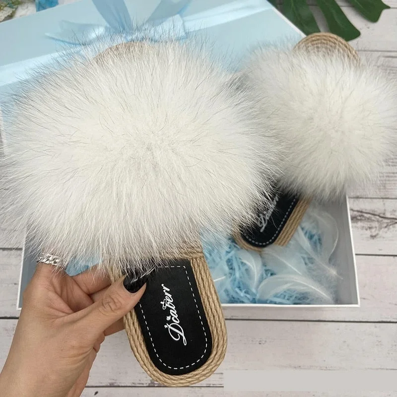 Sale On Sale Women's Fashion Natural Raccoon Fur Flip Flop Flats House Slippers