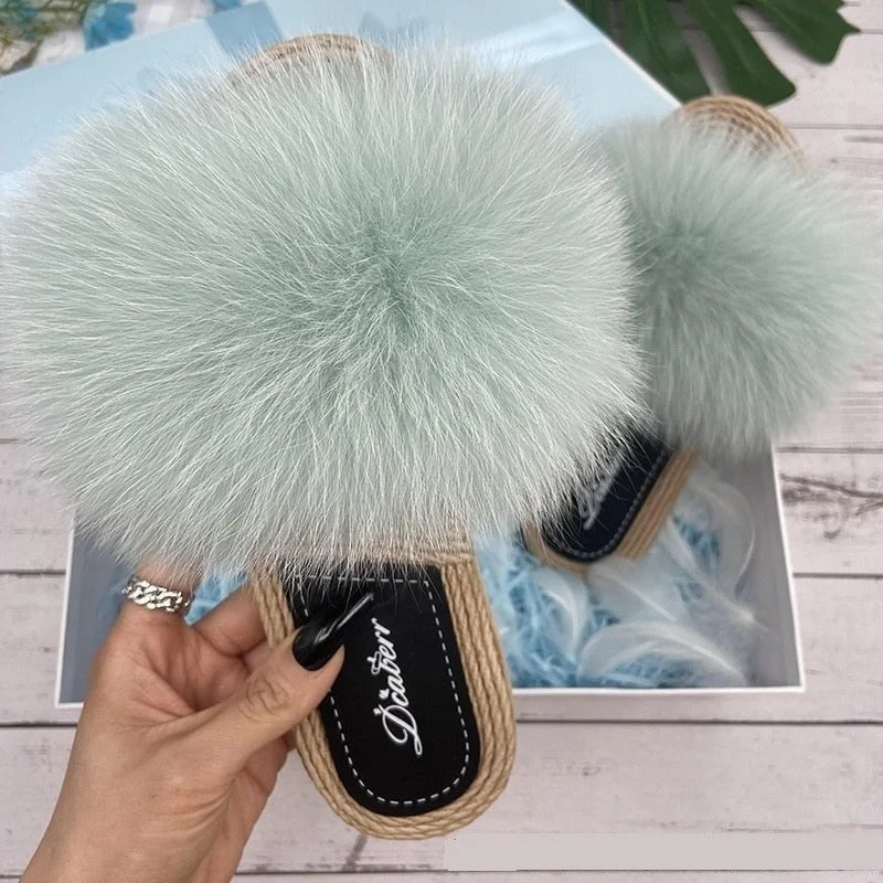 Water-Resistant Shoes Sale Women's Flat Synthetic Straw Emerald Green Fox Fur Flip Flop Slippers Water-Resistant Shoes Sale Women's Flat Synthetic Straw Emerald Green Fox Fur Flip Flop Slippers