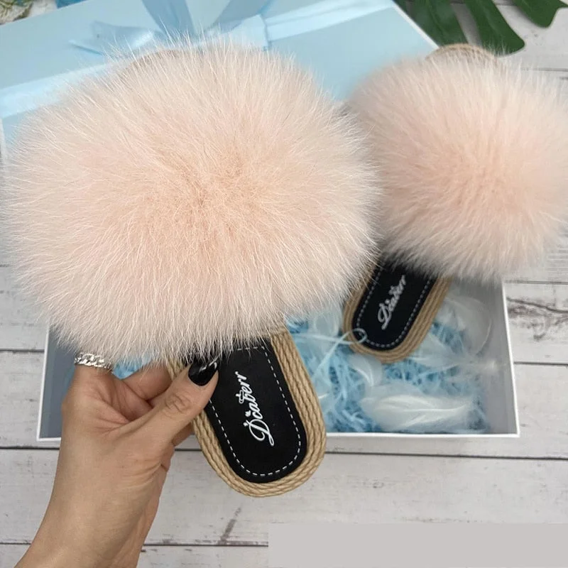 Discount Store Women's Fluffy Fashion Natural Fox Fur Flat Flip Flop Straw House Slippers Discount Store Women's Fluffy Fashion Natural Fox Fur Flat Flip Flop Straw House Slippers