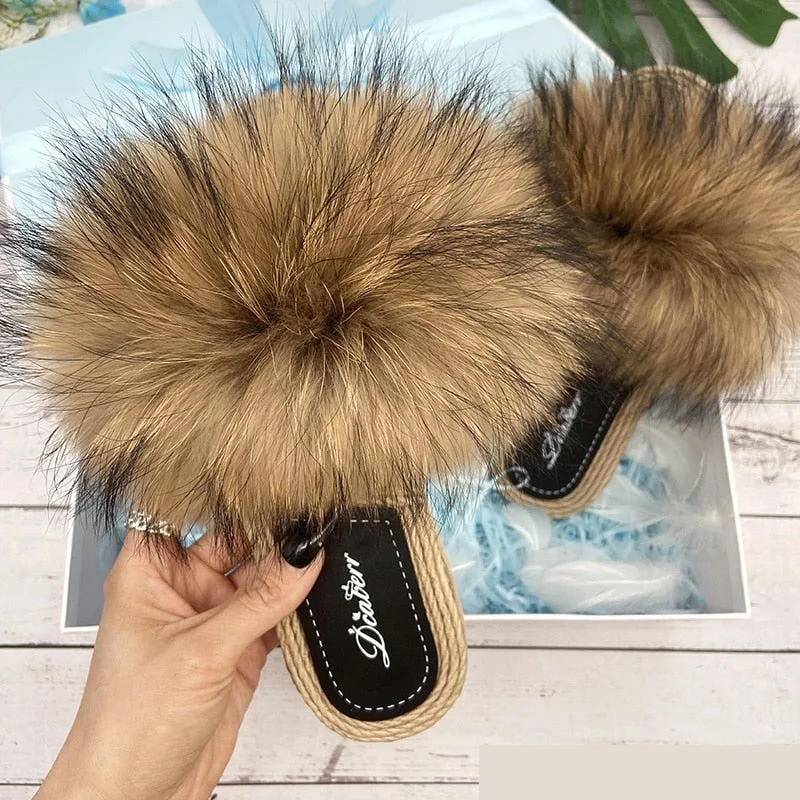 Chic Trends Unveiled Women's Fluffy Natural Raccoon Fur Flat Flip Flop Straw House Slippers Chic Trends Unveiled Women's Fluffy Natural Raccoon Fur Flat Flip Flop Straw House Slippers