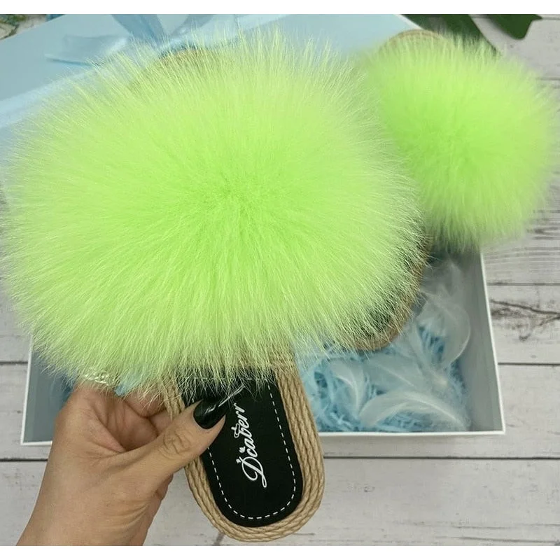 Fresh Styles, Fresh Deals Women's Fluorescent Green Real Fur Synthetic Straw Fluffy Flat Slippers Fresh Styles, Fresh Deals Women's Fluorescent Green Real Fur Synthetic Straw Fluffy Flat Slippers