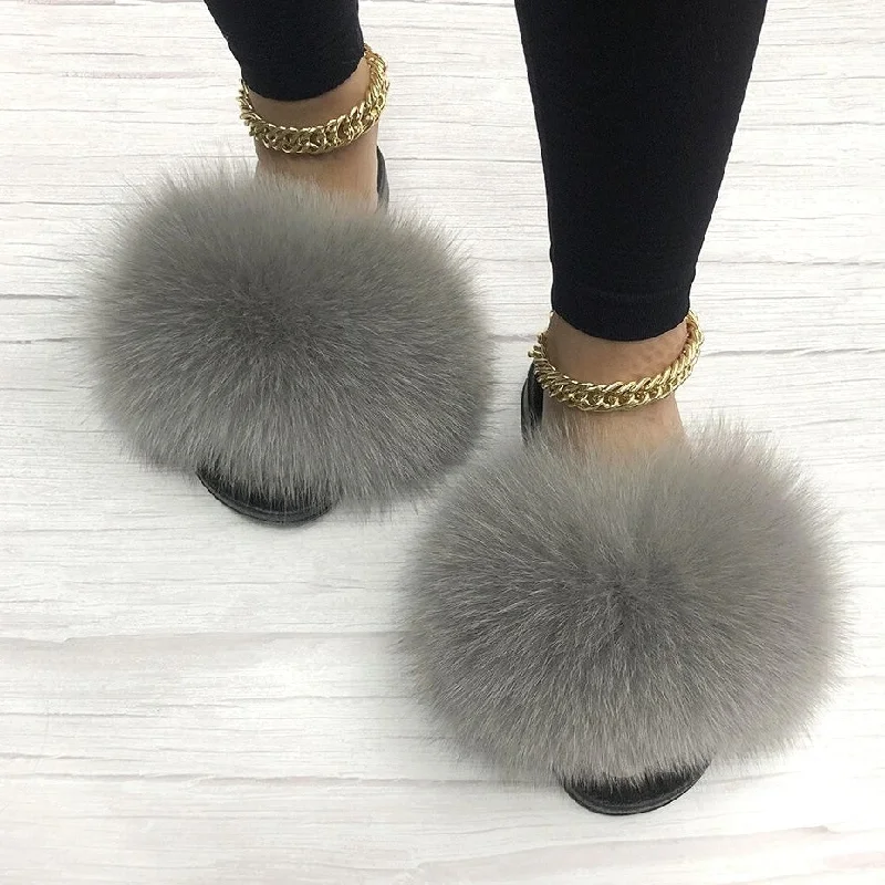 Stylish Shoe Discounts Women's Light Gray Fluffy Real Fox Fur Flip Flops House Slippers
