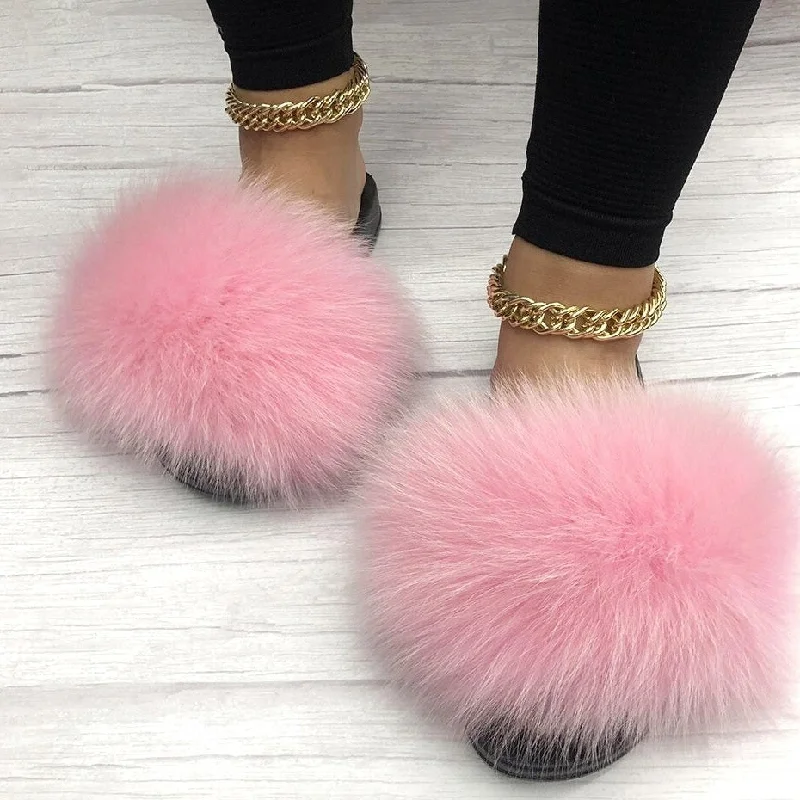Comfortable Shoes Promotion Women's Light Pink Summer Big Fluffy Real Fox Fur House Slippers