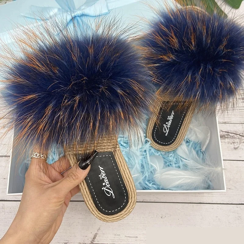 Style Revolution Women's Luxury Natural Fox Fur Beach Slides Flat Flip Flops Straw Slippers Style Revolution Women's Luxury Natural Fox Fur Beach Slides Flat Flip Flops Straw Slippers