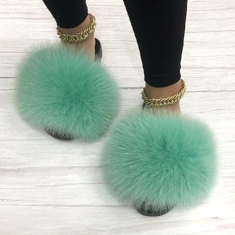 Women's Breathable Flats Women's Mint Green Summer Big Fluffy Real Fox Fur House Slippers Women's Breathable Flats Women's Mint Green Summer Big Fluffy Real Fox Fur House Slippers