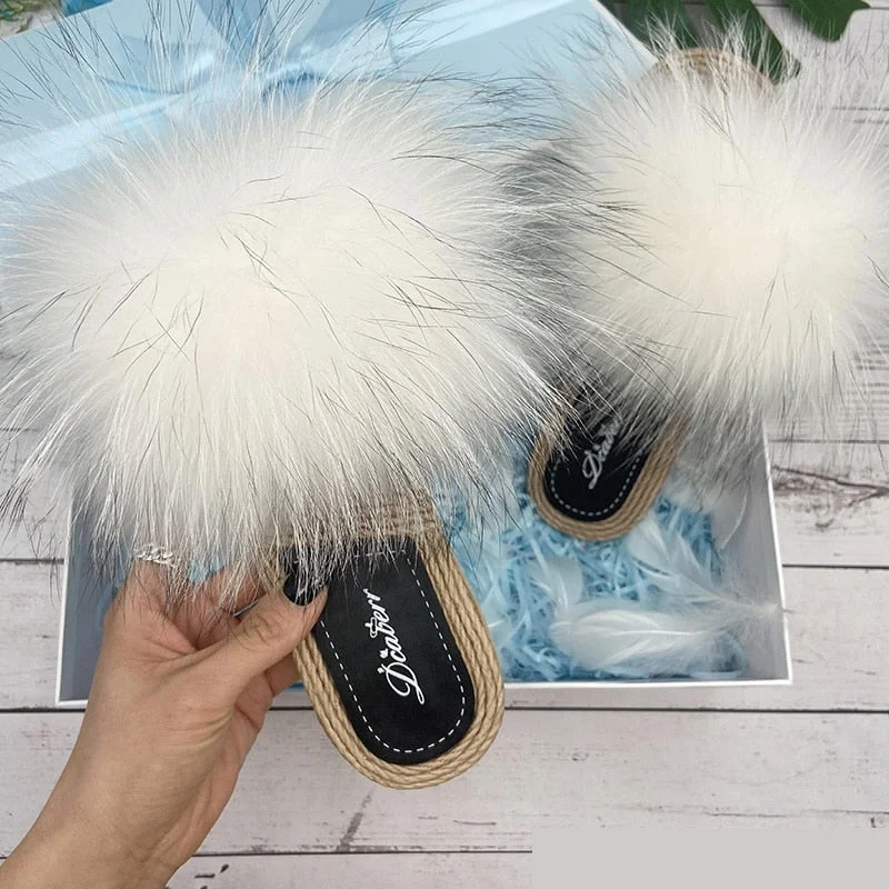 Dive Into Trendy Styles Women's Natural Fox Fluffy Fur Flip Flop Slide Flat House Slippers Dive Into Trendy Styles Women's Natural Fox Fluffy Fur Flip Flop Slide Flat House Slippers
