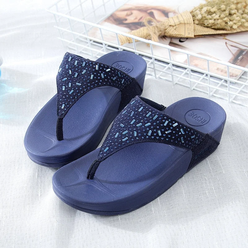 Style Upgrade Women's Navy Blue Summer Crystal Diamond Gem Flat Flip Flop Slippers