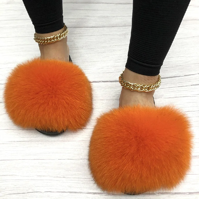 Seasonal Footwear Sale Women's Orange Summer Big Fluffy Real Fox Fur House Slippers Seasonal Footwear Sale Women's Orange Summer Big Fluffy Real Fox Fur House Slippers