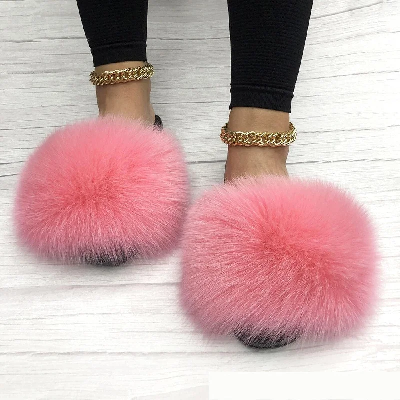 Luxury Women's Shoes Women's Pink Summer Big Fluffy Real Fox Fur Flip Flops House Slippers Luxury Women's Shoes Women's Pink Summer Big Fluffy Real Fox Fur Flip Flops House Slippers