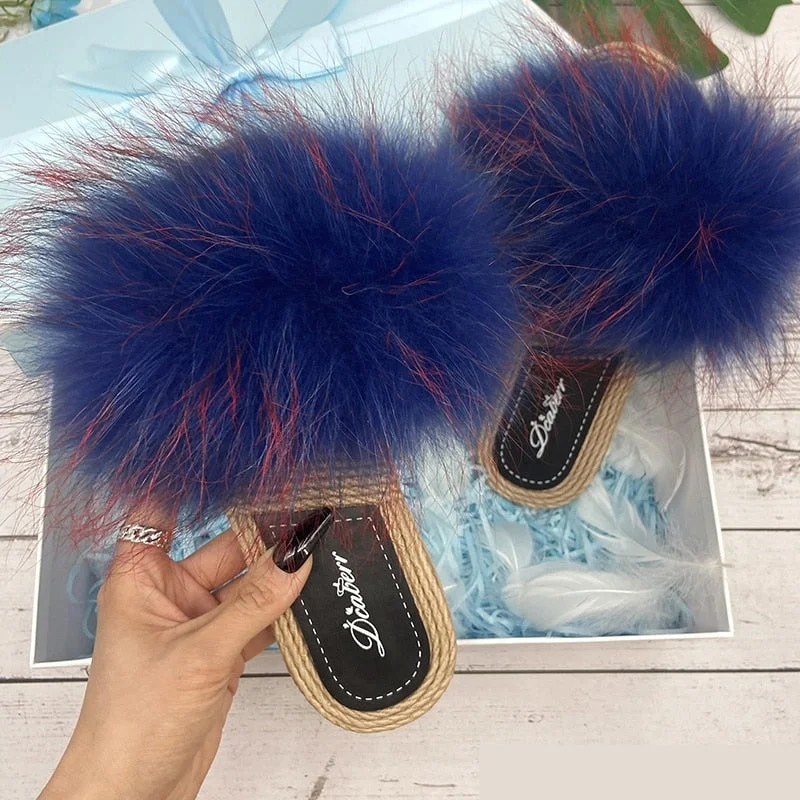 Style Breakthroughs Women's Raccoon Natural Fox Fur Flat Beach Slides Flip Flop Straw Slippers Style Breakthroughs Women's Raccoon Natural Fox Fur Flat Beach Slides Flip Flop Straw Slippers