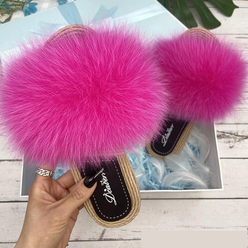 Save Big Women's Raccoon Natural Fox Fur Flip Flop Beach Slides Flat Slippers