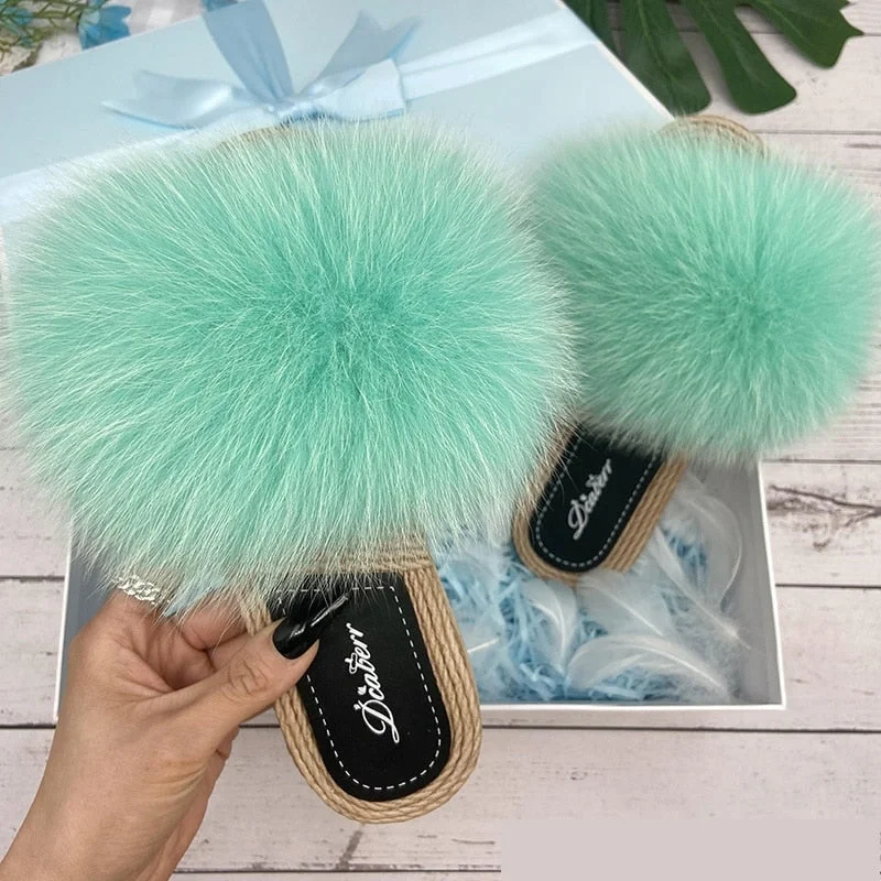 Slip-On Shoes Promotion Women's Raccoon Natural Fox Synthetic Fur Flats Flip Flop House Slippers Slip-On Shoes Promotion Women's Raccoon Natural Fox Synthetic Fur Flats Flip Flop House Slippers