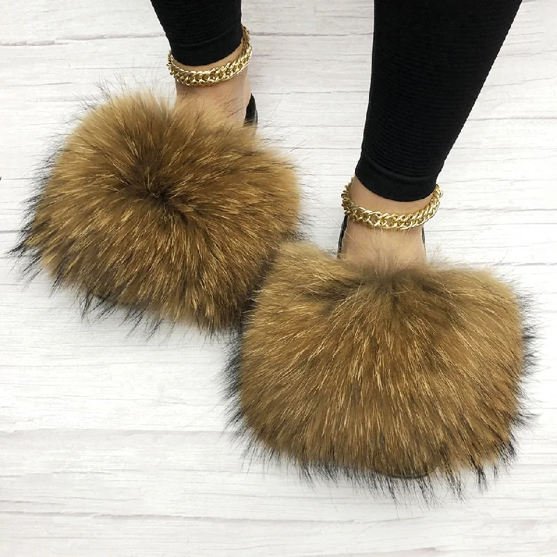 Women's Everyday Flats Women's Raccoon Summer Big Fluffy Real Fox Fur House Slippers Women's Everyday Flats Women's Raccoon Summer Big Fluffy Real Fox Fur House Slippers