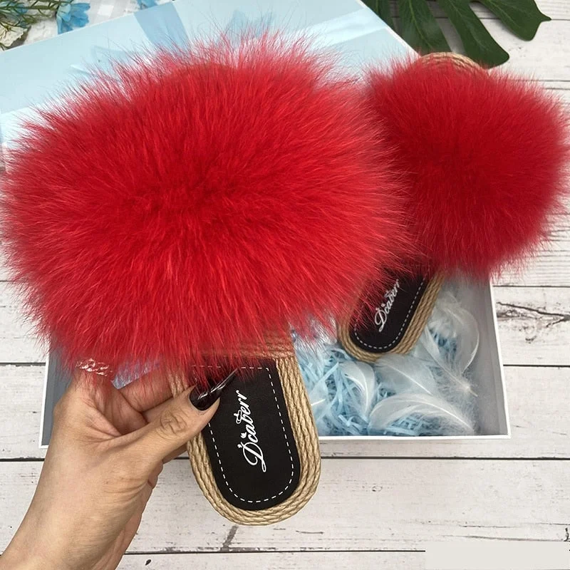 Trend Alert Women's Red Natural Fox Fur Flip Flop Flat Straw House Slippers