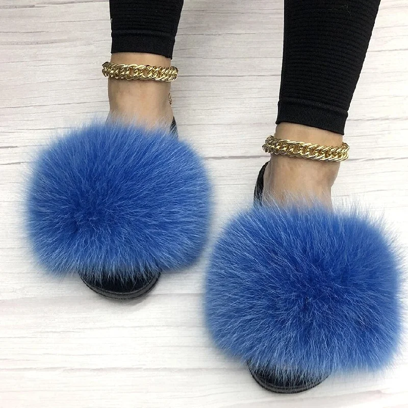 Must-Have Boots Sale Women's Royal Blue Summer Big Fluffy Real Fox Fur House Slippers Must-Have Boots Sale Women's Royal Blue Summer Big Fluffy Real Fox Fur House Slippers
