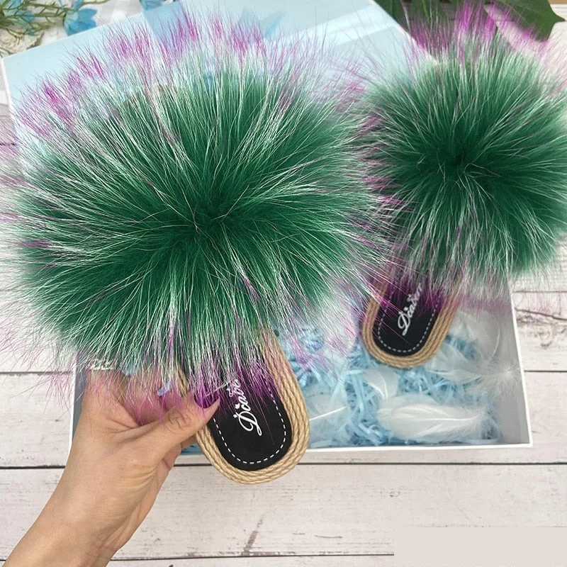Effortless Style, Endless Impact Women's Sexy Raccoon Fluffy Fur synthetic Straw Flip-Flop Indoor Slippers Effortless Style, Endless Impact Women's Sexy Raccoon Fluffy Fur synthetic Straw Flip-Flop Indoor Slippers