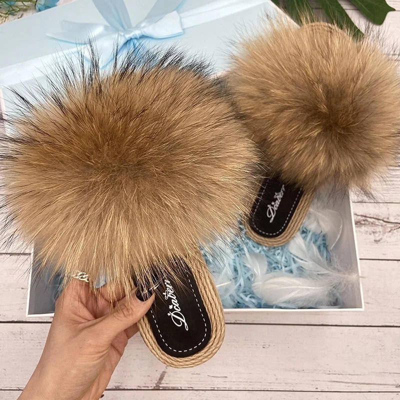 Soft Cushion Shoes Discount Women's Sexy Raccoon Real Fur Synthetic Straw Flat Flip-Flop Slippers Soft Cushion Shoes Discount Women's Sexy Raccoon Real Fur Synthetic Straw Flat Flip-Flop Slippers