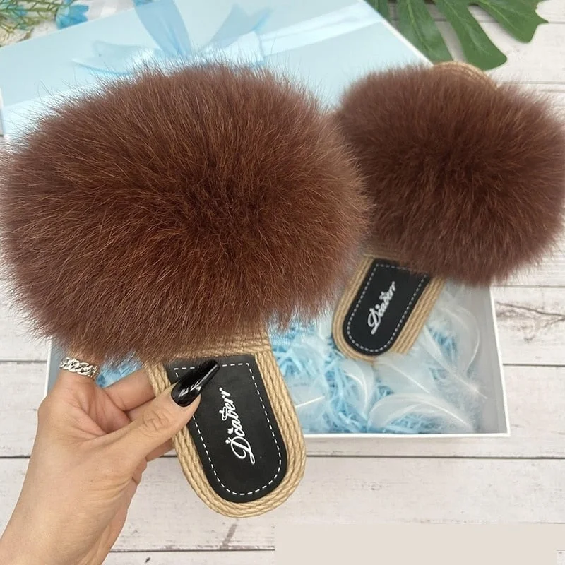 Pastel Styles Women's Sexy Summer Raccoon Natural Fox Fur Flip-Flop Slippers