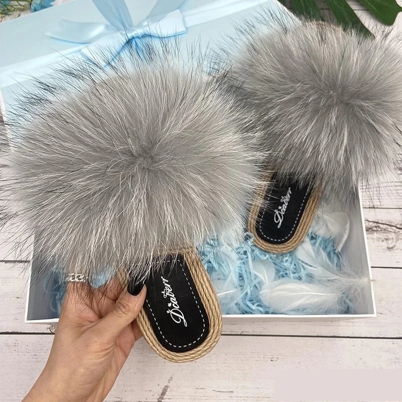 Flash Sales Today Women's Summer Natural Fox Fur Fluffy Flip Flop House Slippers
