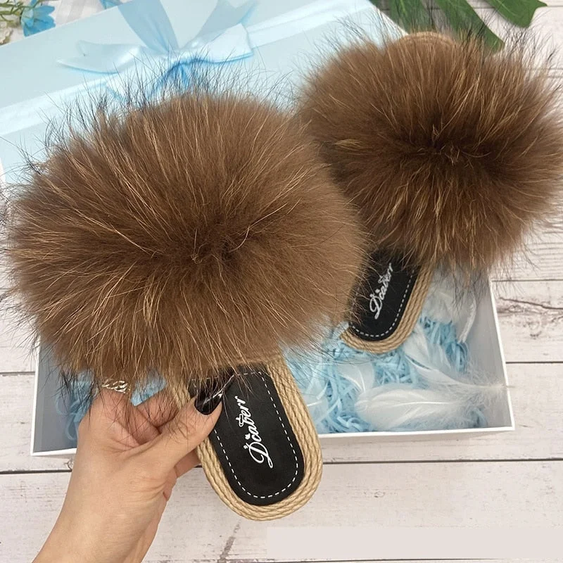 Seasonal Fashion Women's Summer Natural Raccoon Fur Slides synthetic Straw Flip Flop Slippers