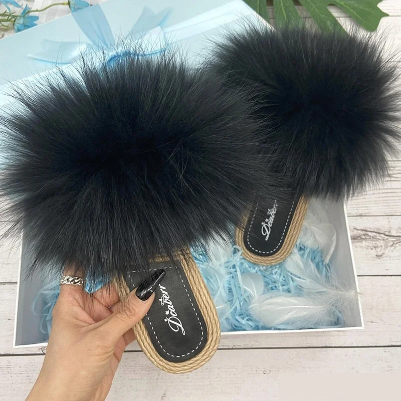 Chic Style, Always In Vogue Women's Summer Raccoon Fluffy Fur Flip Flop Sandals House Slippers Chic Style, Always In Vogue Women's Summer Raccoon Fluffy Fur Flip Flop Sandals House Slippers