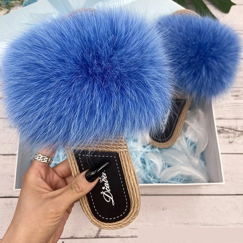 Fashion Sale Women's Summer Raccoon Real Fur synthetic Straw Flip Flop House Slippers Fashion Sale Women's Summer Raccoon Real Fur synthetic Straw Flip Flop House Slippers
