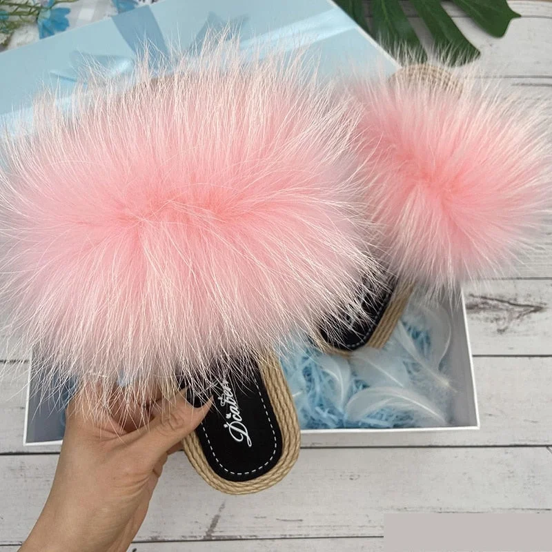 Weekend Exclusive Women's Summer Real Fur Luxury Fluffy Flip Flop House Slippers