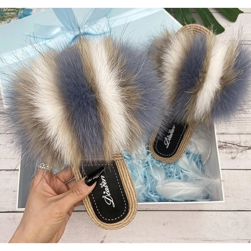 Embrace New Fashion Women's Summer Real Fur Synthetic Straw Natural Fox Flip Flops Flat Sandals