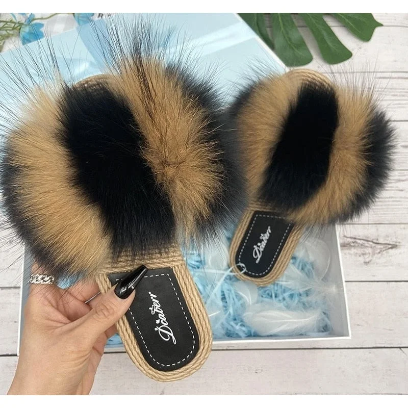 Trendy Pulse Women's Summer Real Fur Synthetic Straw Natural Fox Flip Flops Flat Slippers Trendy Pulse Women's Summer Real Fur Synthetic Straw Natural Fox Flip Flops Flat Slippers