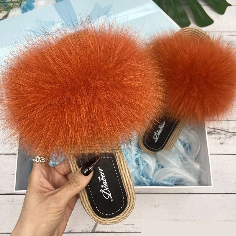 Women's Flats Sale Women's Summer synthetic Straw Natural Fox Fur Flip Flop Fluffy Slippers Women's Flats Sale Women's Summer synthetic Straw Natural Fox Fur Flip Flop Fluffy Slippers