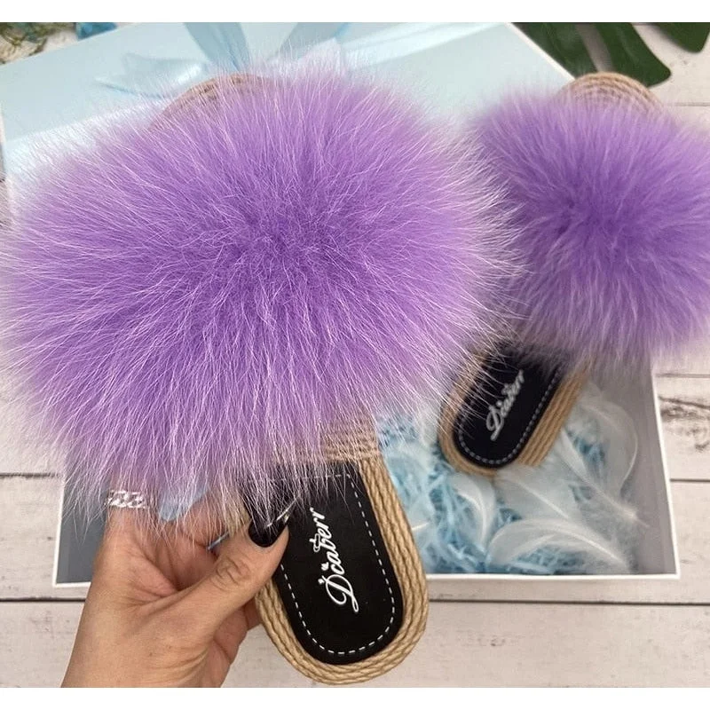 Exclusive Sale Women's Taro Purple Natural Raccoon Fur Slide Synthetic Straw Flip Flop Sandals Exclusive Sale Women's Taro Purple Natural Raccoon Fur Slide Synthetic Straw Flip Flop Sandals